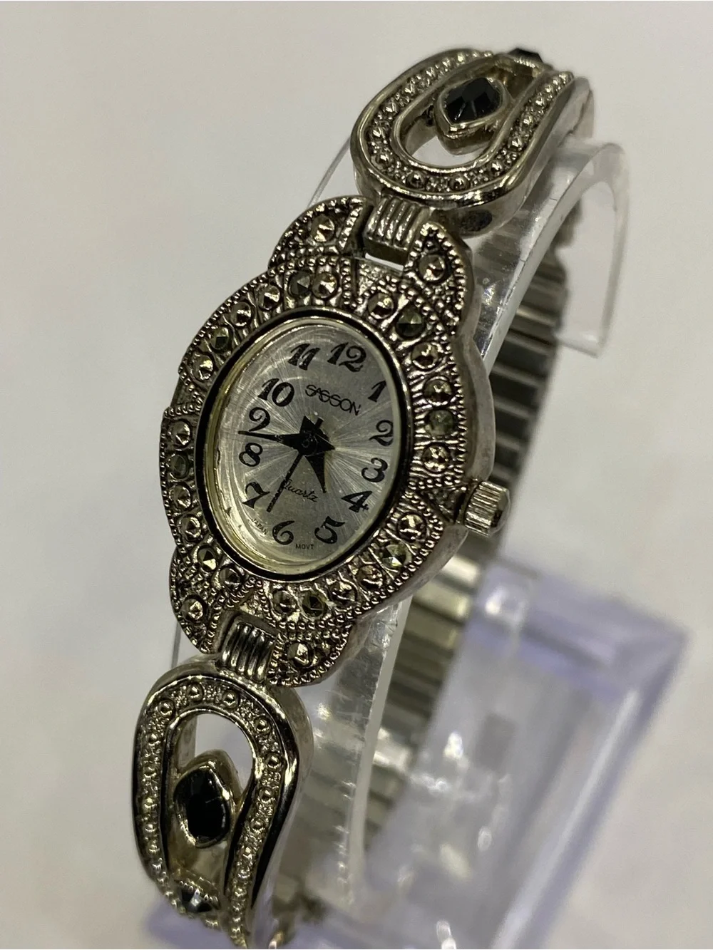 Designer ***  Silver-Tone  ^^^ Marcasite” Oval Bracelet Watch ***